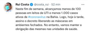 Rui Costa anuncia liberação do uso de máscara em locais fechados