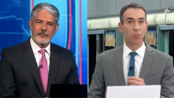 William Bonner no Jornal Nacional e César Tralli no Jornal Hoje (Fotos: Reproduções / Globo)