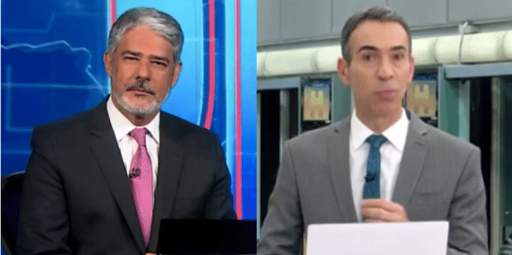 William Bonner no Jornal Nacional e César Tralli no Jornal Hoje (Fotos: Reproduções / Globo)