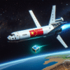 Conceito artístico do avião espacial da China liberando um objeto na órbita da Terra, elaborado com Inteligência Artificial. Crédito: Flavia Correia via DALL-E/Olhar Digital