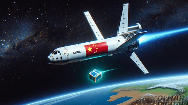 Conceito artístico do avião espacial da China liberando um objeto na órbita da Terra, elaborado com Inteligência Artificial. Crédito: Flavia Correia via DALL-E/Olhar Digital