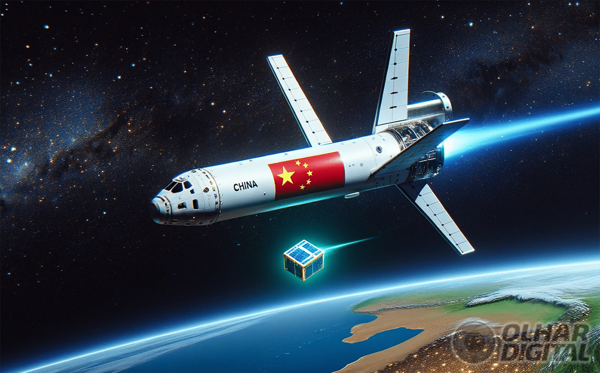 Conceito artístico do avião espacial da China liberando um objeto na órbita da Terra, elaborado com Inteligência Artificial. Crédito: Flavia Correia via DALL-E/Olhar Digital