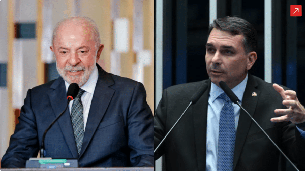 O presidente Luiz Inácio Lula da Silva (PT), à esquerda; o senador Flávio Bolsonaro (PL), à direita • Ricardo Stuckert/PR e Agência Senado